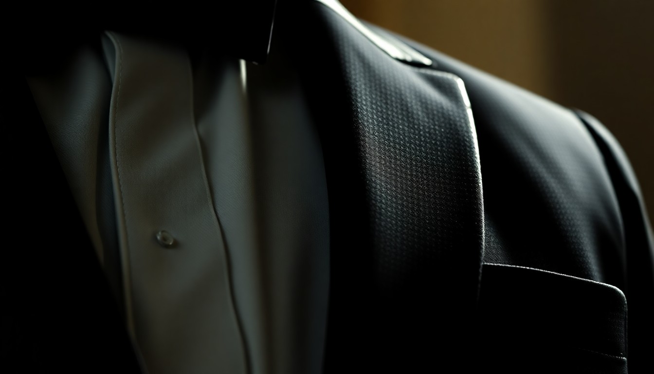 An extreme close-up photograph of a tuxedo lapel covered in shimmering sequins, reflecting dramatic studio lighting to create a high-contrast, abstract, and glamorous visual texture.