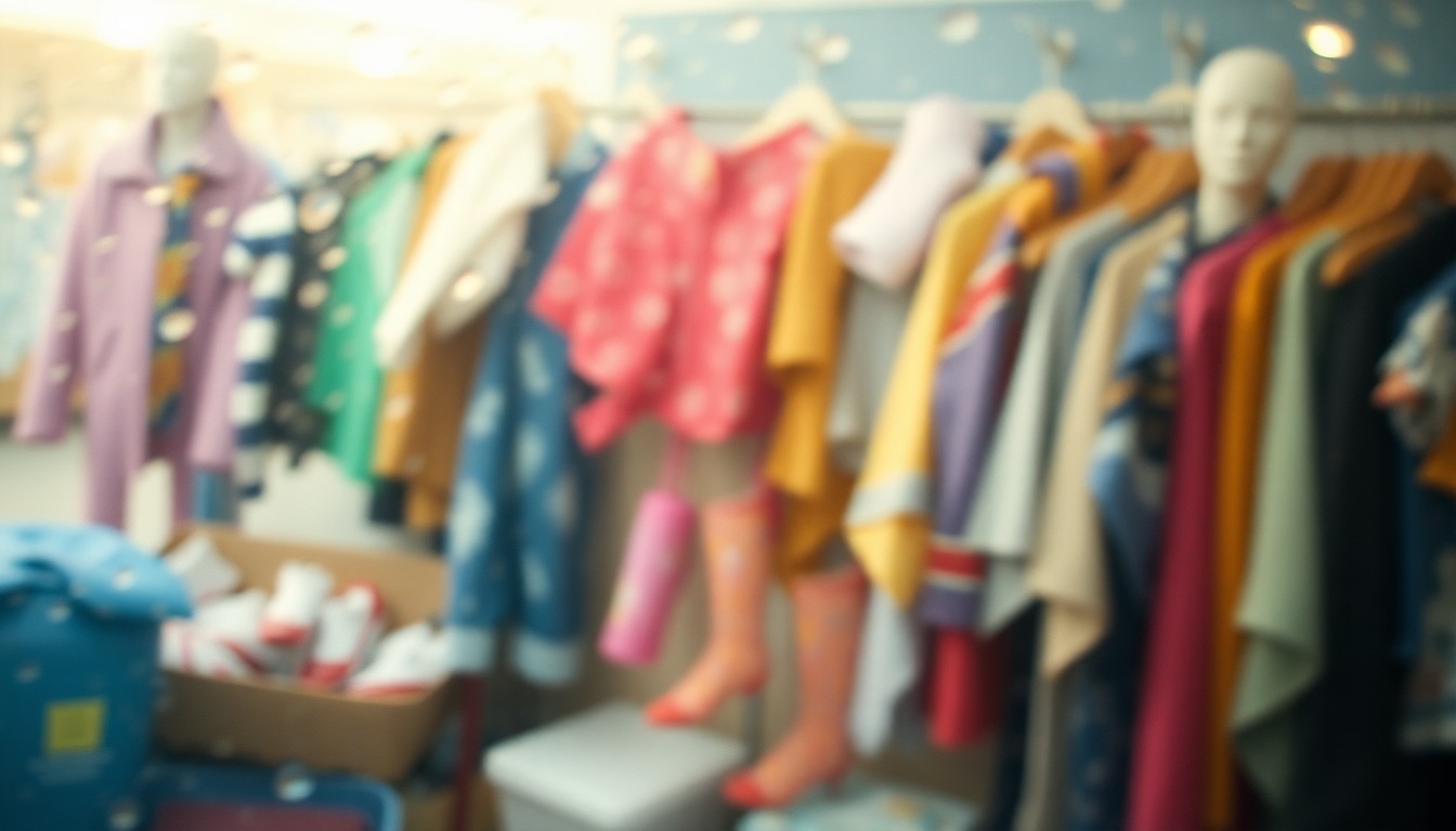An abstract, impressionistic photograph of blurred, colorful household items and clothing, conceptually representing the experience of browsing a community yard sale.