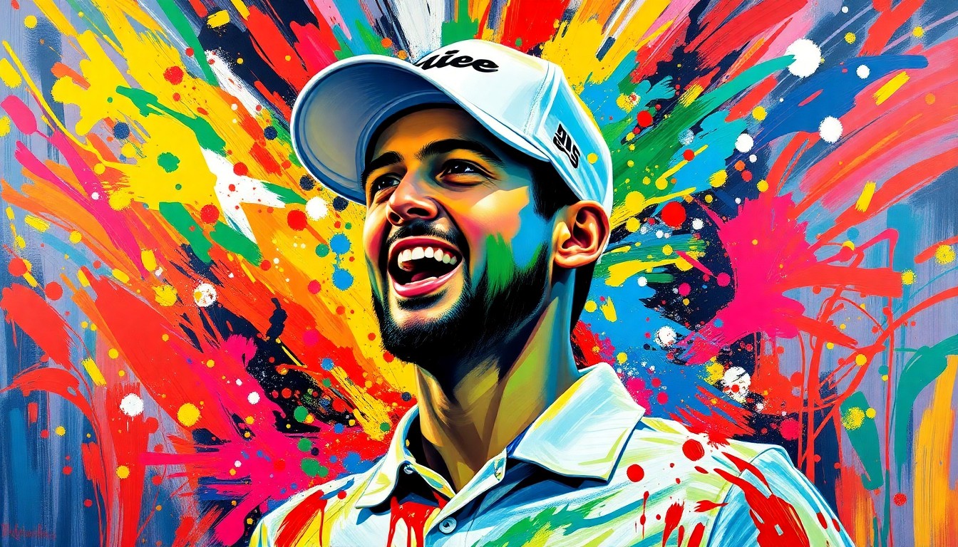 An abstract expressionist painting in vibrant neon colors, capturing the raw energy and emotion of a professional golfer's swing, with his face and body dissolving into unrecognizable brushstrokes.