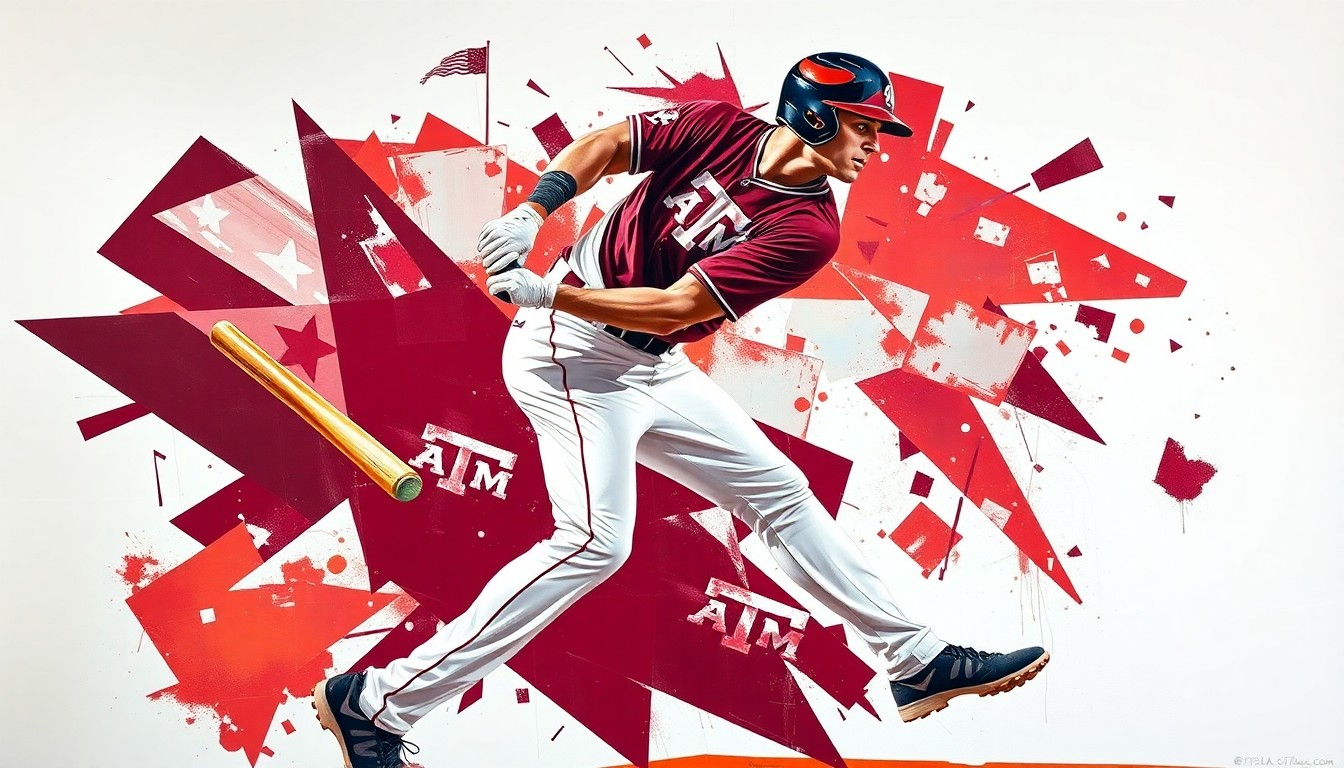 A fractured, cubist-style painting depicting a Texas A&M baseball player in the act of hitting a home run, with the player's form broken down into sharp, overlapping geometric shapes in the team's maroon and white colors.