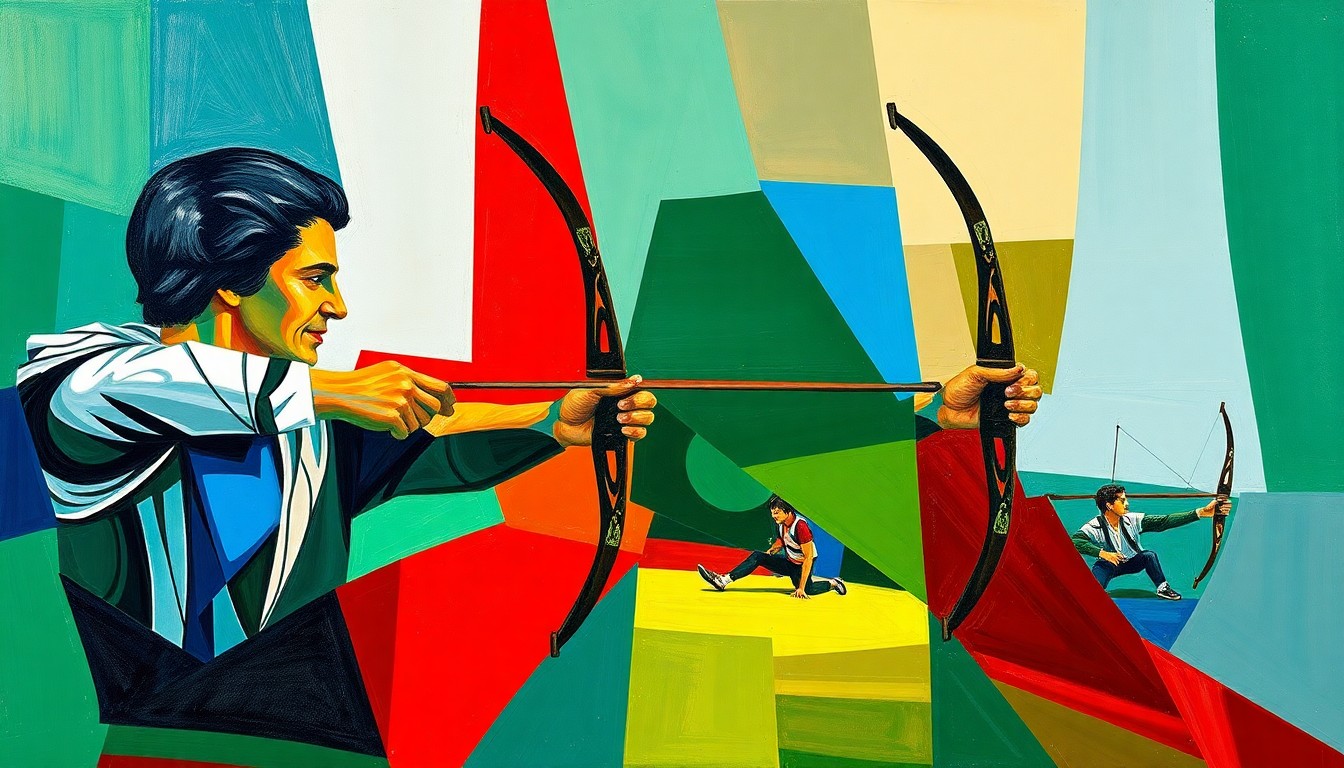 A cubist-style painting featuring overlapping geometric shapes and planes of color, representing the dynamic motion and competition of an archery tournament.