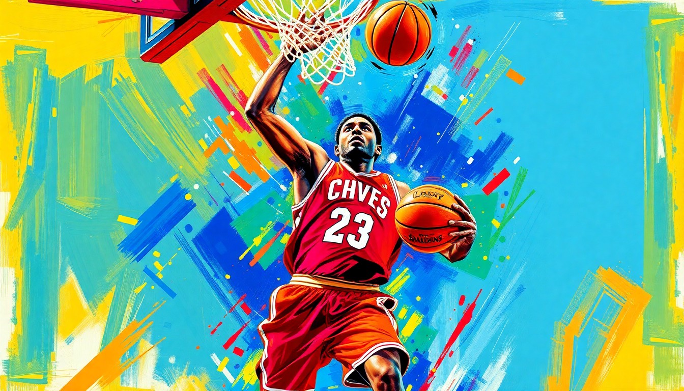An abstract, energetic painting featuring bold, neon-colored brushstrokes that capture the dynamic motion and intensity of a basketball player in action, conceptually representing the prestigious Mr. Basketball award.
