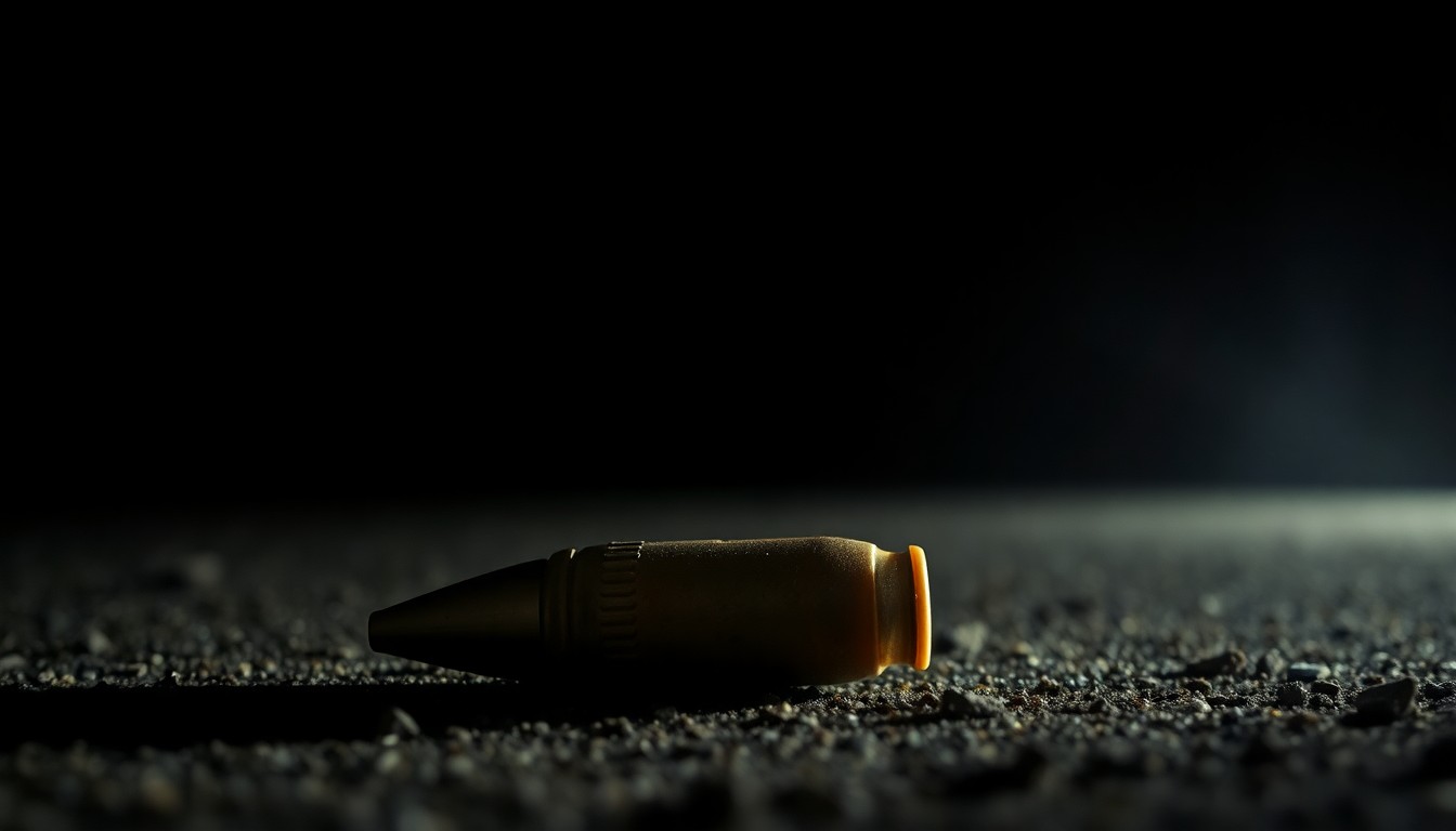 An extreme close-up photograph of a spent shell casing on the ground, lit by a harsh, direct camera flash against a pitch-black background, creating a stark, gritty, investigative aesthetic.