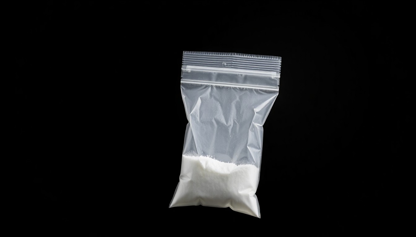 An extreme close-up of a small plastic bag containing white powder, captured with a harsh, direct flash against a dark background, conceptually representing the seizure of drugs during a highway interdiction operation.