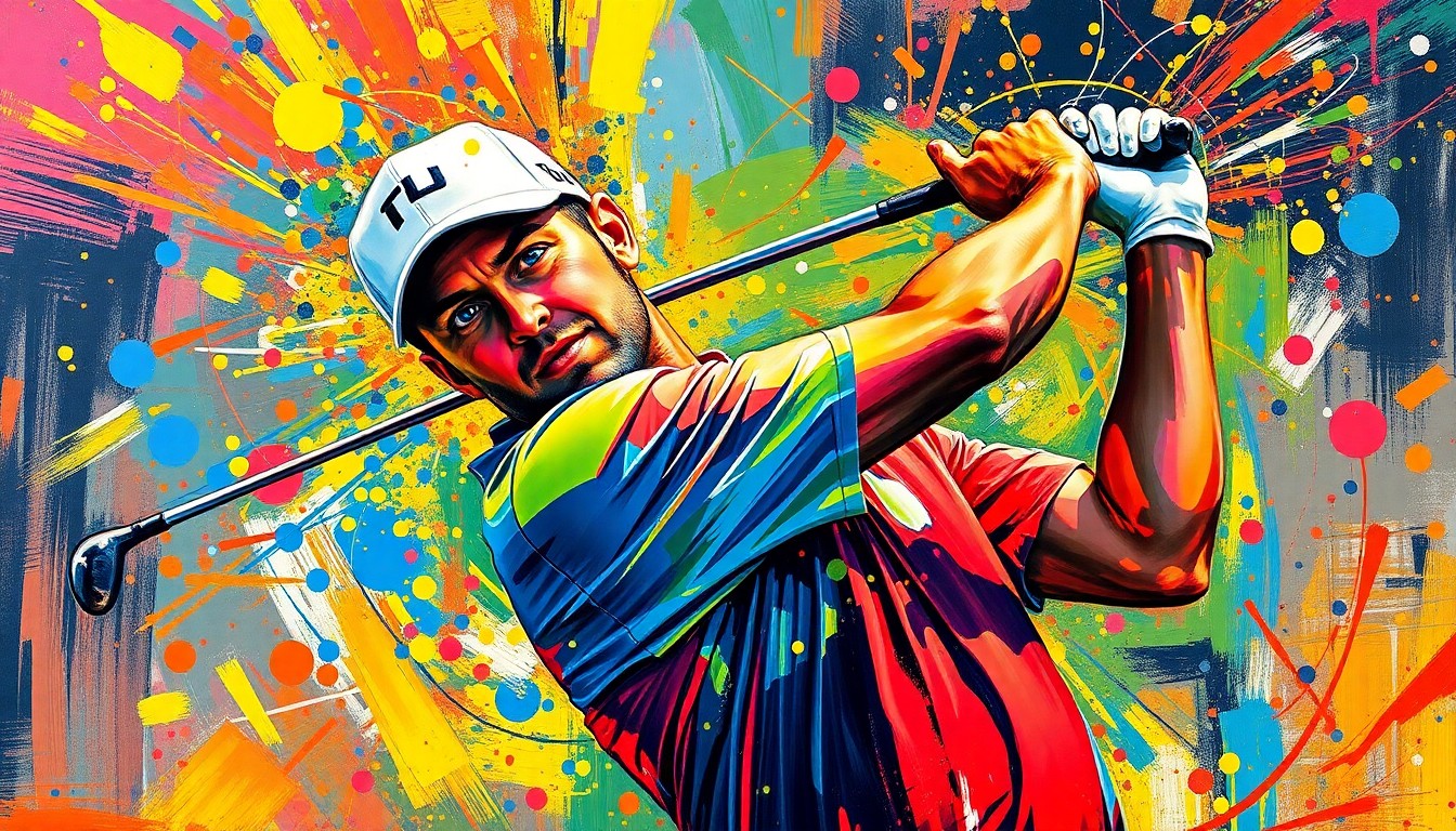 An abstract, expressionist painting featuring bold, neon-colored brushstrokes that capture the dynamic motion of a golfer swinging a club, with the details of the figure dissolved into unrecognizable splatters.