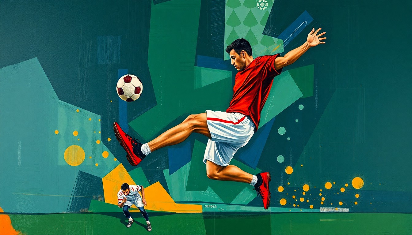 A cubist-style painting depicting a football kicker in mid-kick, their body broken down into sharp, overlapping geometric shapes in navy, green, and orange tones, conveying the transition and change the Giants are undergoing.