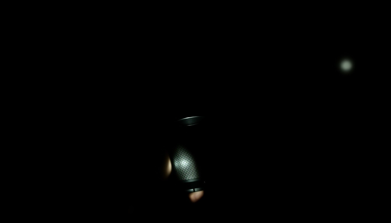 An extreme close-up photograph of a handgun trigger and grip, lit by a harsh, direct camera flash against a pitch-black background, conceptually illustrating the threat of violence in a domestic abuse case.