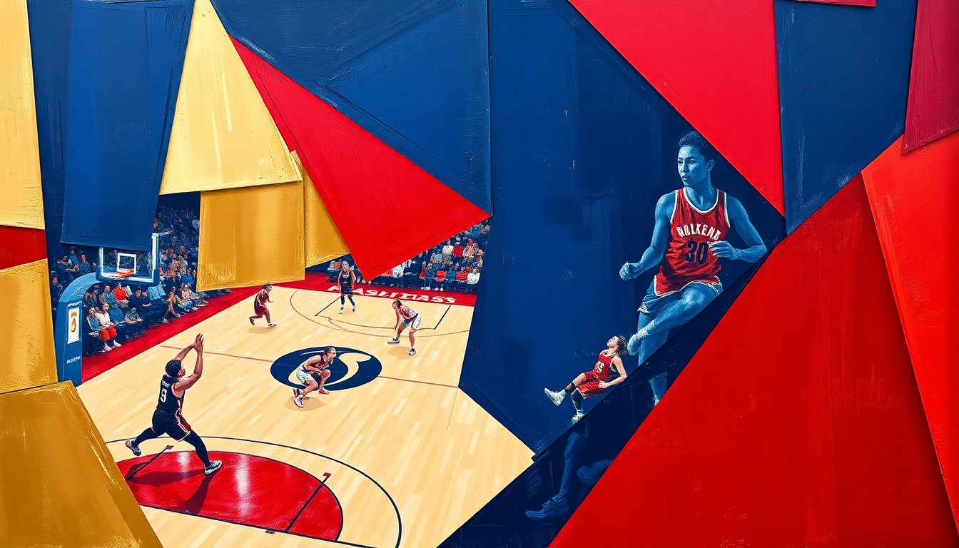 A fragmented, cubist-style painting depicting the action of a WNBA basketball game, with the players and court broken down into overlapping geometric shapes in navy, red, and gold tones.