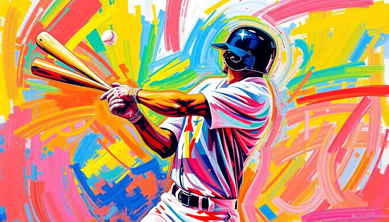 An abstract, expressionist painting in vibrant neon colors, capturing the raw energy and excitement of a baseball player mid-swing, the bat a blur as it is tossed high into the air.