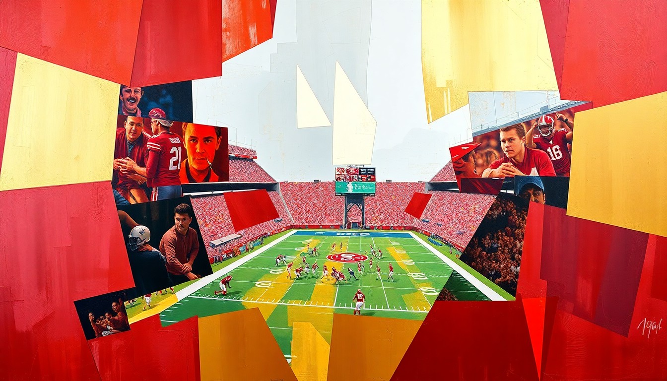 A fragmented, geometric painting depicting a San Francisco 49ers football game, with the players and field broken down into sharp, overlapping planes of red and gold.