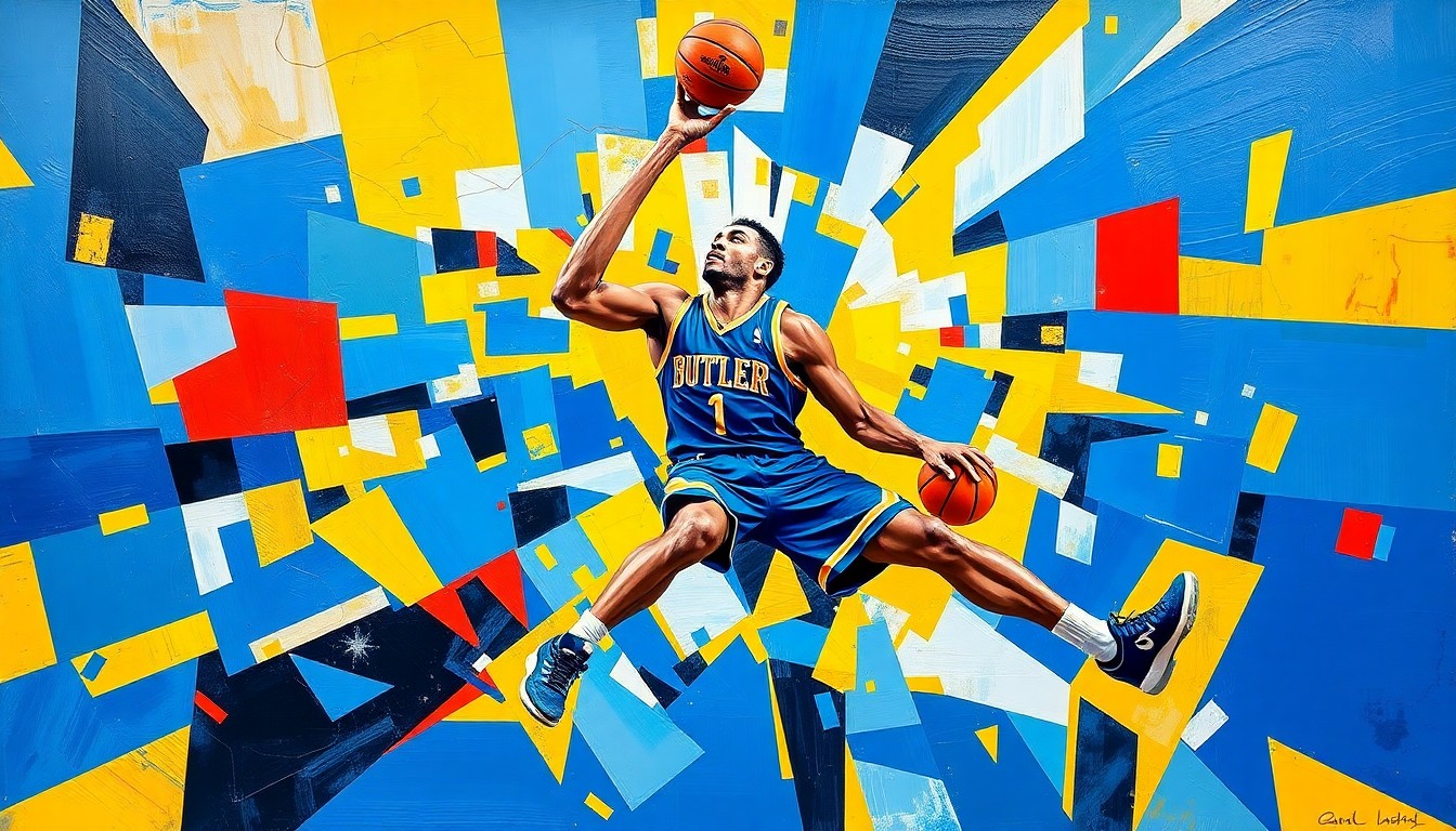 A fragmented, geometric painting depicting the dynamic movements of a basketball player, with sharp planes of Butler blue and gold colors overlapping to create a sense of motion and energy.