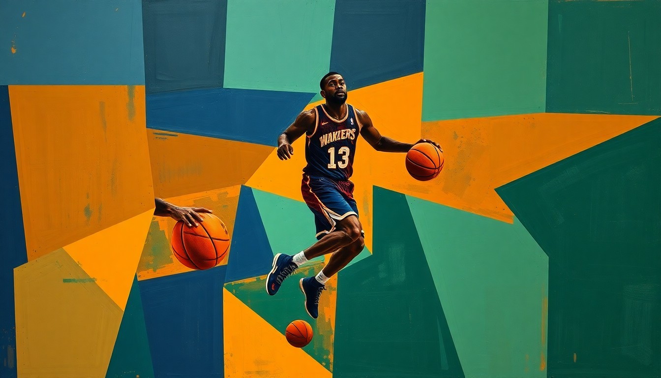 A fragmented, cubist-style painting depicting the silhouette of a basketball player in motion, broken down into sharp, overlapping geometric shapes in a palette of navy, green, and orange, conveying the disruption and uncertainty of a key player's transfer.