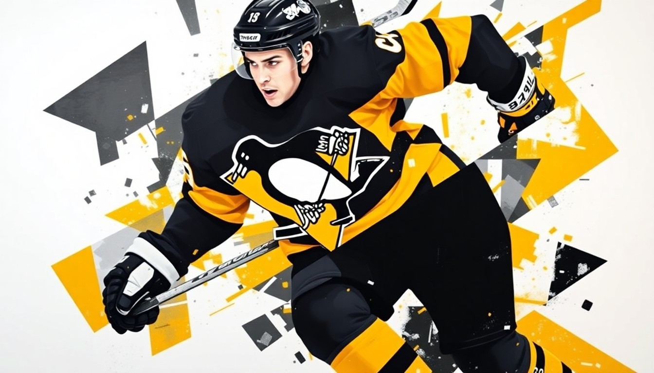 A fragmented, geometric painting depicting the motion of a hockey player, with sharp planes of black, gold, and white representing the Pittsburgh Penguins' colors, conceptually illustrating the uncertainty surrounding Sidney Crosby's injury status.