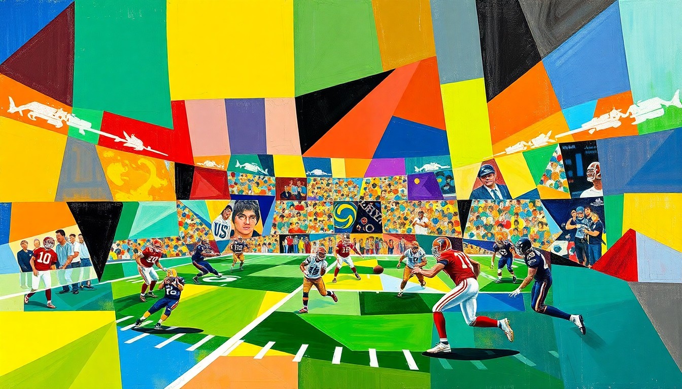 A cubist, geometric painting depicting a fragmented football field with overlapping shapes and planes in the team colors of the Packers and Seahawks, conveying the chaotic and unpredictable nature of the potential referee lockout.