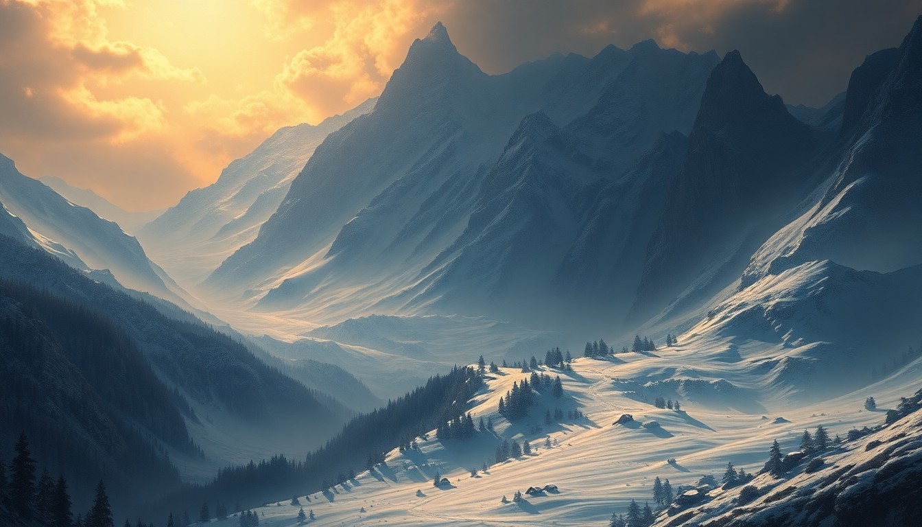 A sweeping, atmospheric landscape painting in muted tones of ochre, sage, and indigo, with a small ski resort nestled in the distance, dwarfed by the overwhelming scale of the natural world.