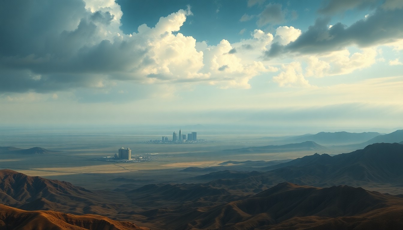 A sweeping, atmospheric landscape painting depicting the Las Vegas skyline in the distance, partially obscured by hazy, dramatic skies, conveying the overwhelming scale of the natural environment.