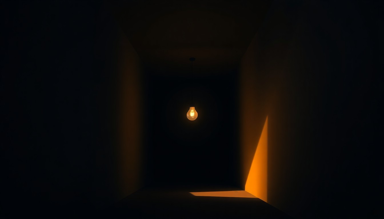 A dimly lit, cinematic painting of a single light bulb at the end of a long, dark tunnel, bathed in warm, diagonal sunlight and deep shadows, conceptually representing the current state of politics.