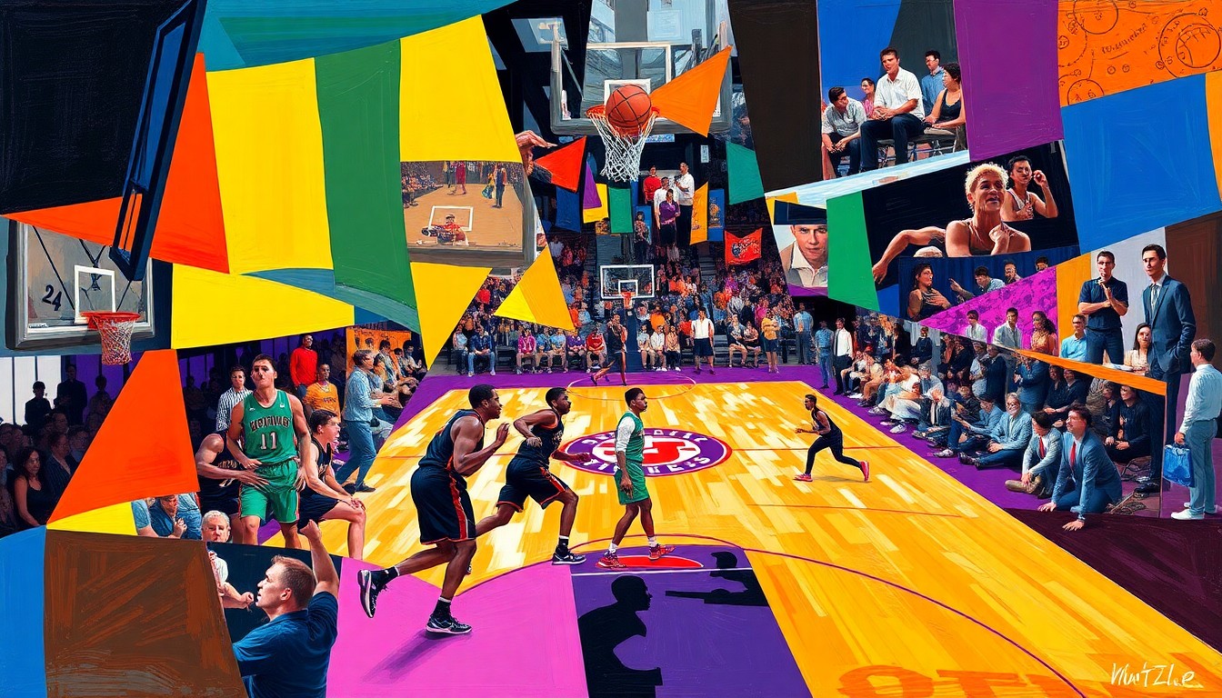 A fragmented, geometric painting depicting a college basketball game, with the sharp planes and vibrant colors of the competing teams' uniforms.