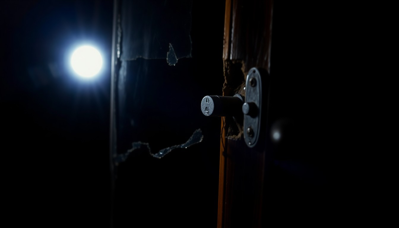 An extreme close-up photograph of a damaged door frame, capturing the harsh textures and dramatic shadows to convey the unsettling aftermath of a home invasion.