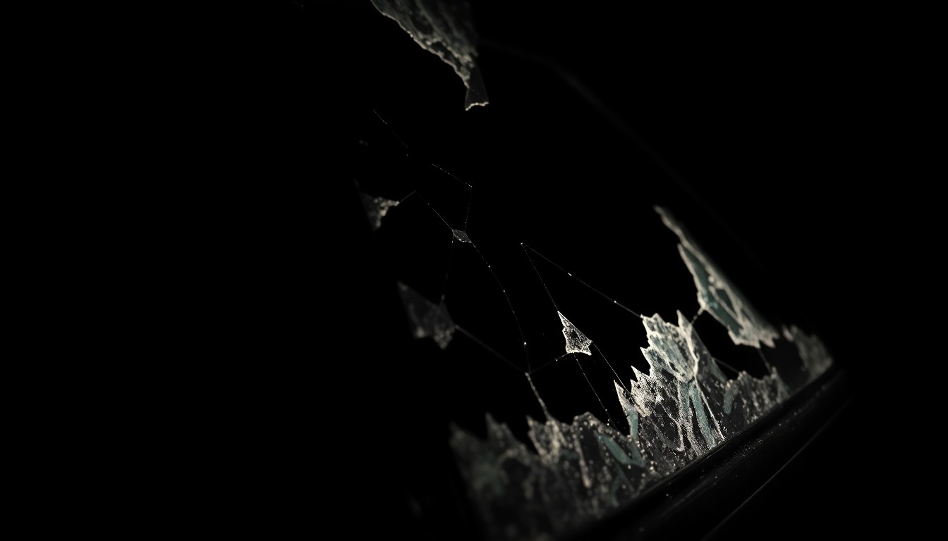 An extreme close-up photograph of a shattered car window or damaged vehicle part, lit by a harsh, direct camera flash against a pitch-black background, conveying the stark, gritty mood of an ongoing police investigation.