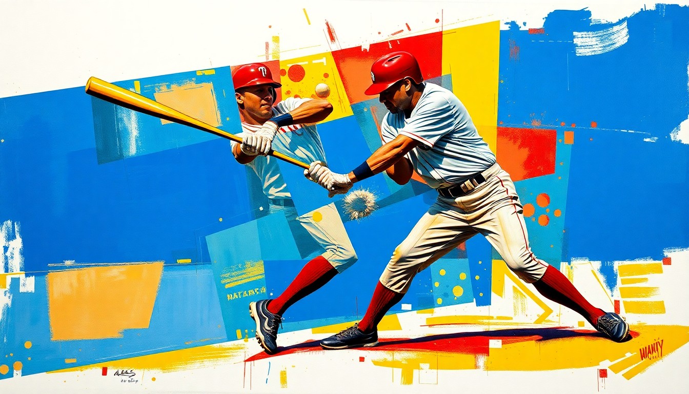 A fragmented, geometric painting depicting the overlapping motions of a baseball player, rendered in bold, contrasting colors that capture the raw energy and unpredictability of the sport.