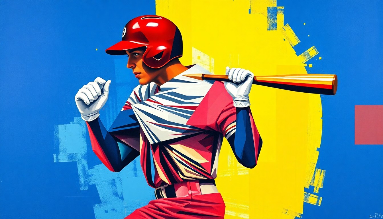 A fragmented, geometric painting depicting a baseball player's batting stance and swing broken down into sharp, overlapping planes of vibrant colors, conceptually representing the challenges of a star hitter adjusting to a new team and environment.