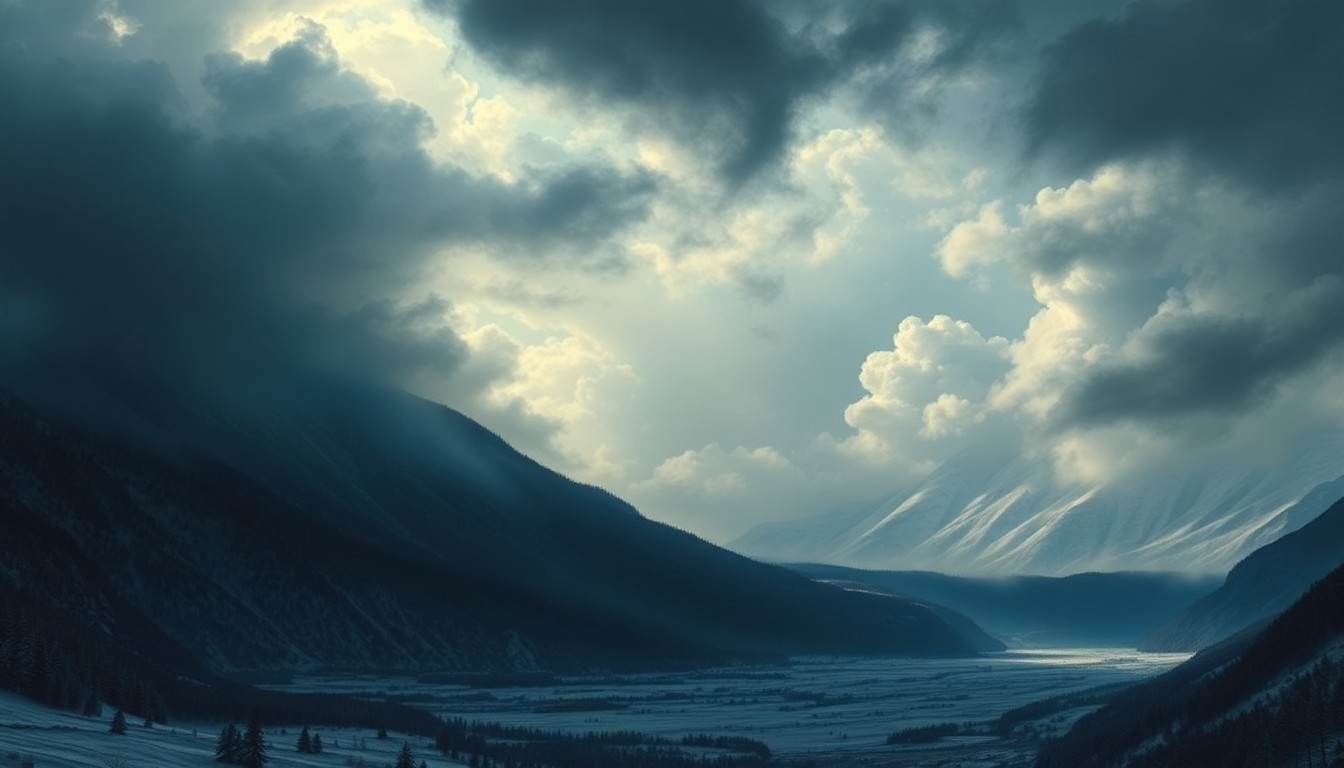 A sweeping, atmospheric landscape painting in muted greys and blues, with dark storm clouds obscuring the horizon and blowing snow obscuring the details of the scene, conveying the overwhelming power of an impending winter storm.