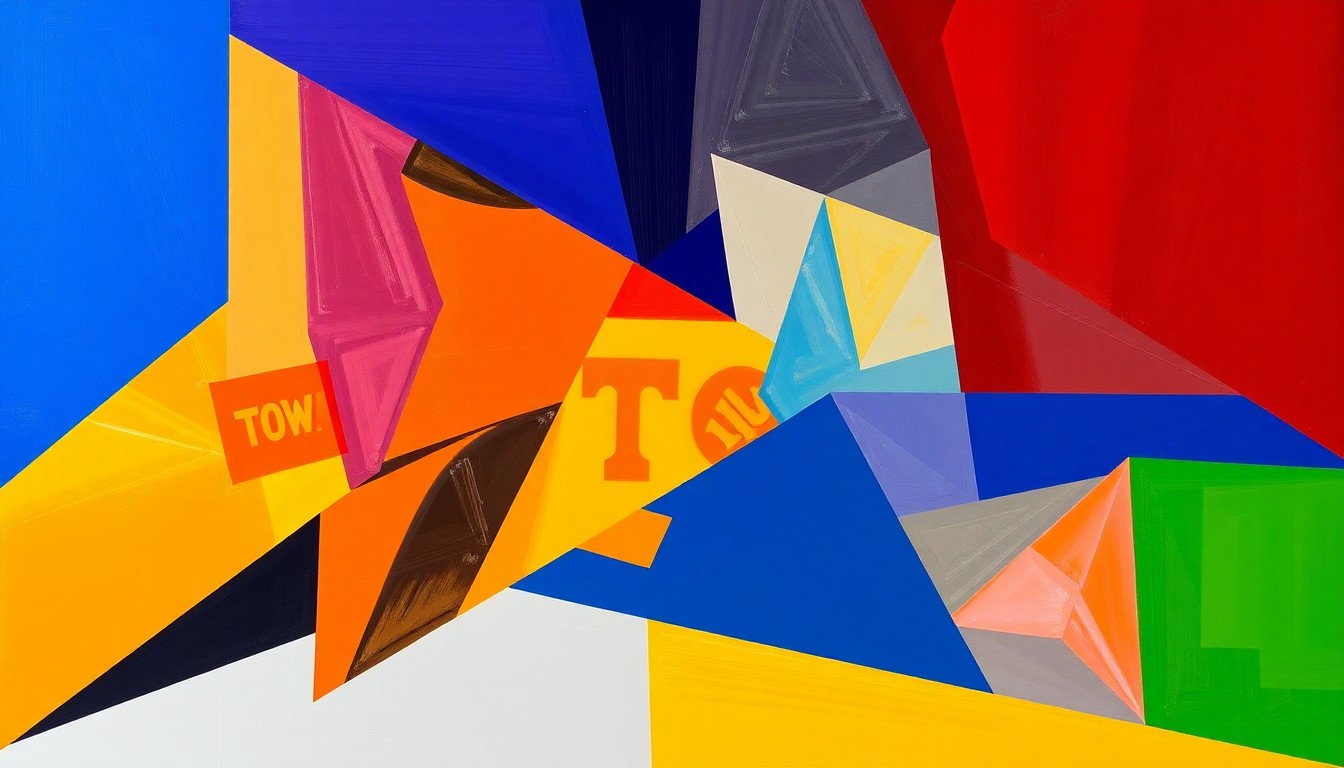 A cubist, geometric painting depicting the action of the Iowa State Cyclones' Sweet 16 loss to the Tennessee Volunteers, with sharp, overlapping shapes and planes in the teams' official colors, capturing the intensity and disappointment of the game.
