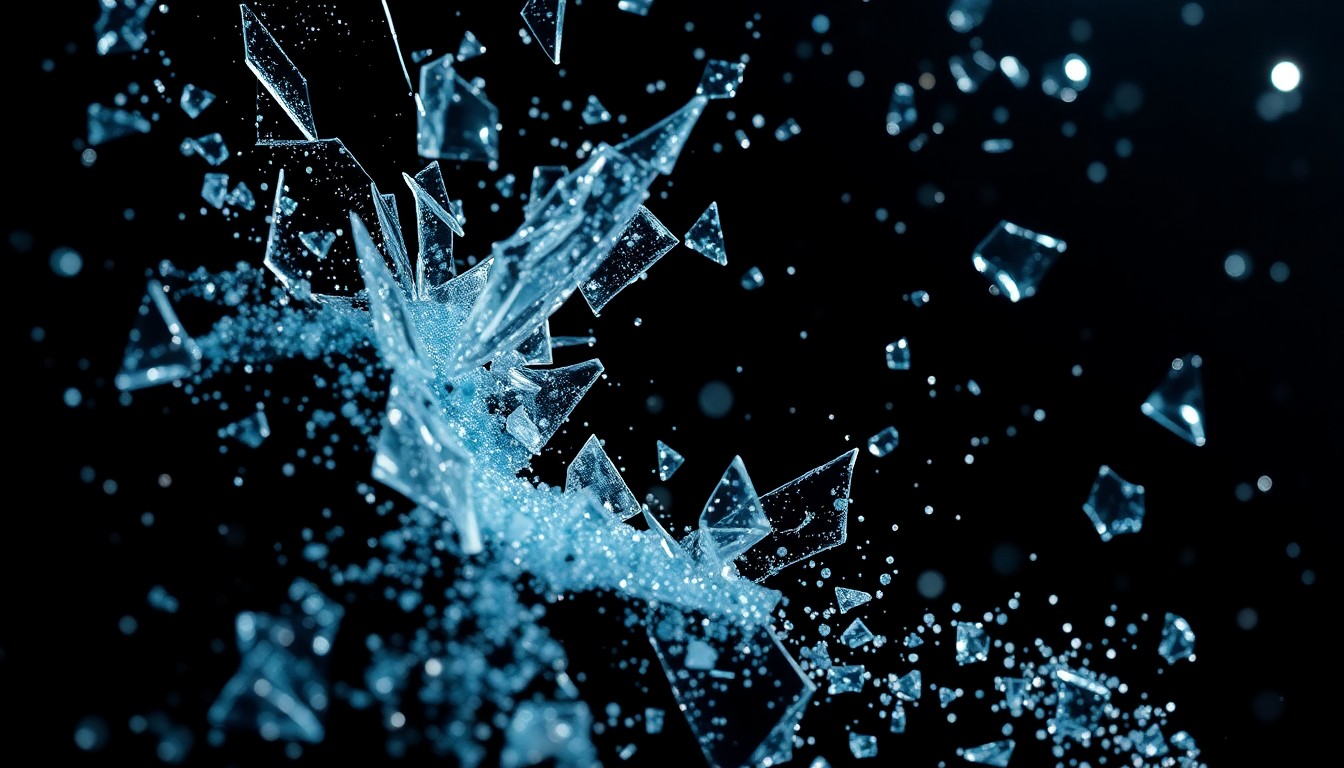 An abstract close-up image featuring shattered glass and glittering sequins in high-contrast studio lighting, conveying a sense of loss and tragedy through the use of dramatic textures and lighting.