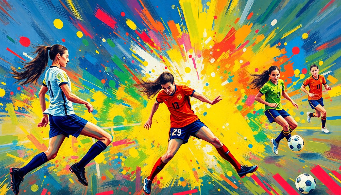 An abstract expressionist painting in vibrant neon colors, capturing the dynamic movement and energy of a high school girls soccer game, with players' forms dissolving into colorful brushstrokes.