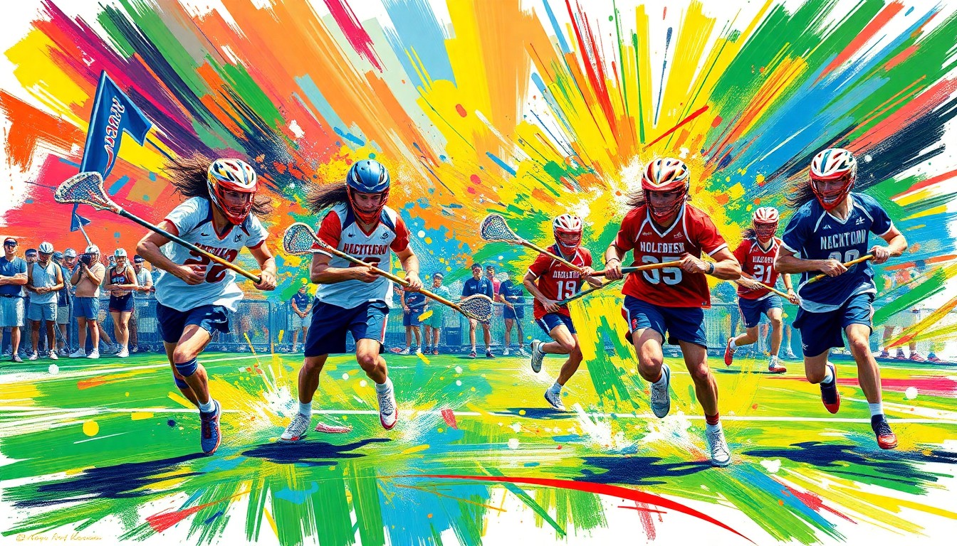 An abstract, energetic painting featuring overlapping brushstrokes of neon green, electric blue, and vibrant orange, capturing the intensity and excitement of a high school lacrosse match.