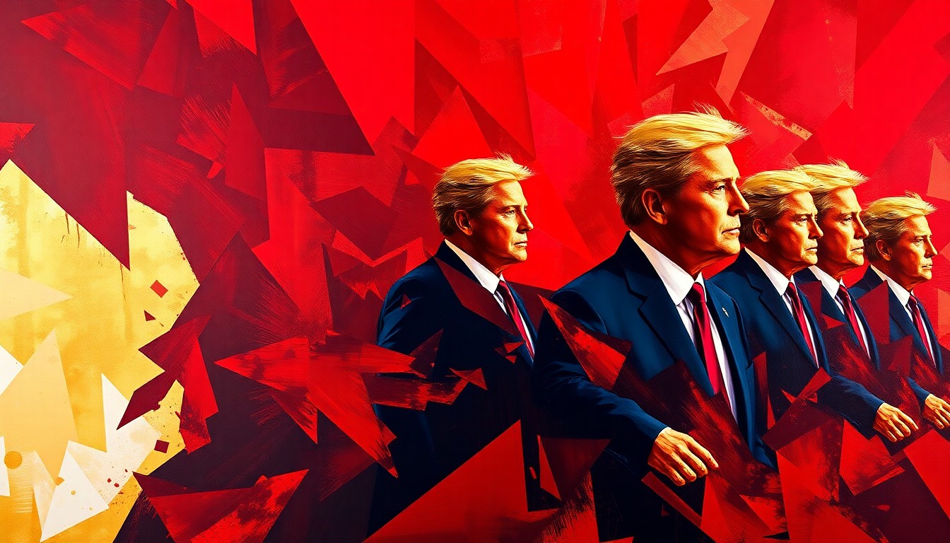 A dynamic, abstract painting of a politician's silhouette repeated in overlapping, fractured geometric shapes in deep red, navy blue, and gold, conveying a sense of motion and political tension.
