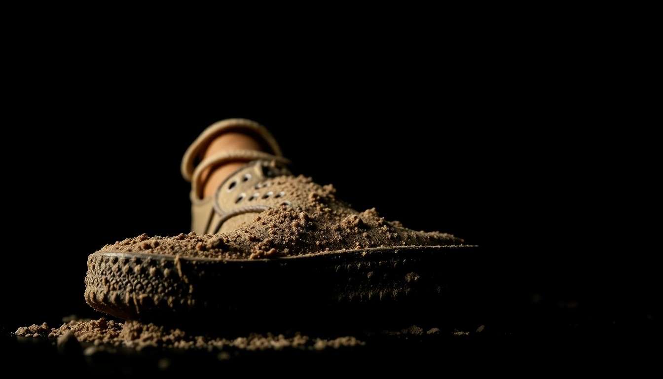 An extreme close-up of a child's wet, sandy shoe against a pitch-black background, conceptually illustrating the tragedy of a drowning incident.