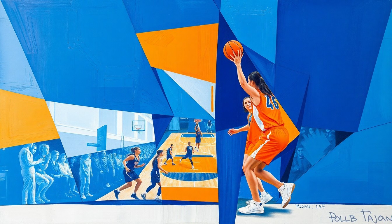 A fragmented, cubist-style painting depicting a women's basketball game, with the court and players broken down into sharp, overlapping geometric shapes in shades of blue, orange, and white, conveying the transition and uncertainty facing the UAlbany program.