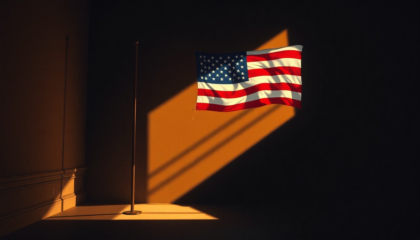 A serene, cinematic painting of an American flag waving in the warm sunlight of a political setting, with deep shadows cast across the scene, capturing the quiet tension and uncertainty of the current political climate.