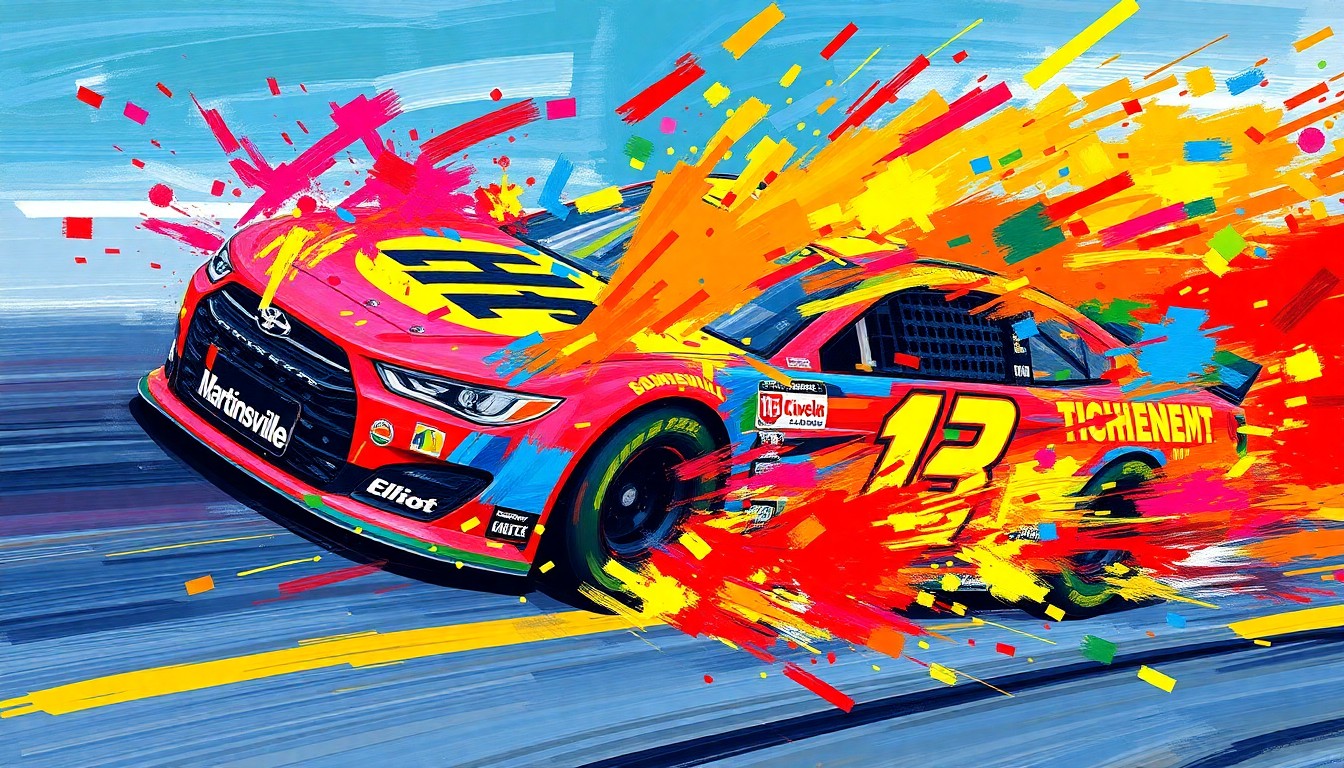 An abstract, expressionist painting in vibrant neon colors depicting a race car speeding through a blurred, energetic scene, capturing the raw excitement and movement of NASCAR competition.