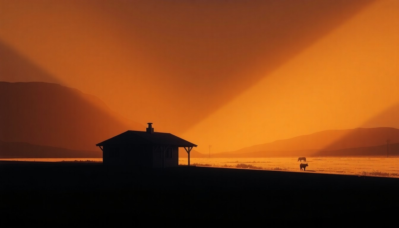 A serene oil painting of a lone ranch house in Wyoming, with warm sunlight casting long shadows across the weathered wooden structure, evoking a sense of rugged individualism and self-reliance.