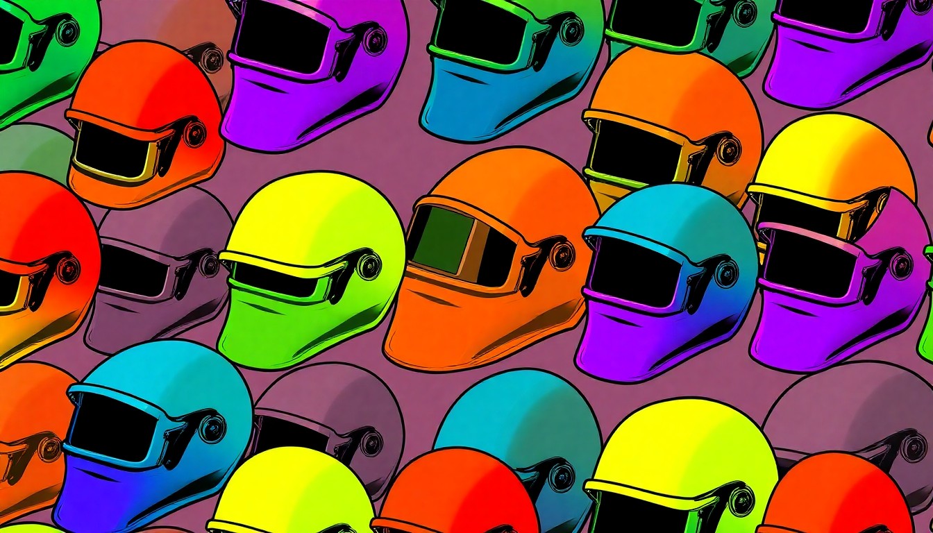 A bold, colorful silkscreen print featuring a repeating pattern of a welder's helmet in vibrant neon shades, conceptually representing the energy and creativity of a hands-on skills competition.