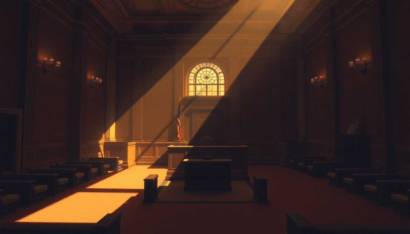 A dimly lit, cinematic painting of an empty city council chamber, with warm light streaming in through a window and deep shadows cast across the room, conceptually representing transparency in local politics.
