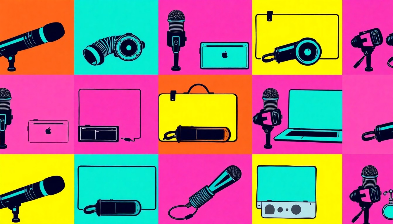 A high-contrast silkscreen print of a microphone repeated in a grid, rendered in vibrant neon colors and heavy black outlines, conceptually representing the tools and technology used by a content creator.