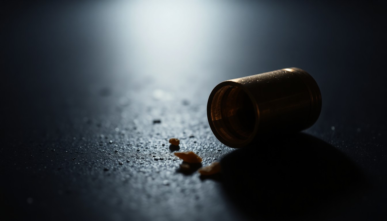 An extreme close-up photograph of a spent shell casing or bullet fragment on a dark surface, lit by a harsh, direct camera flash, conceptually representing the aftermath of a shooting and the gritty reality of gun violence in the community.