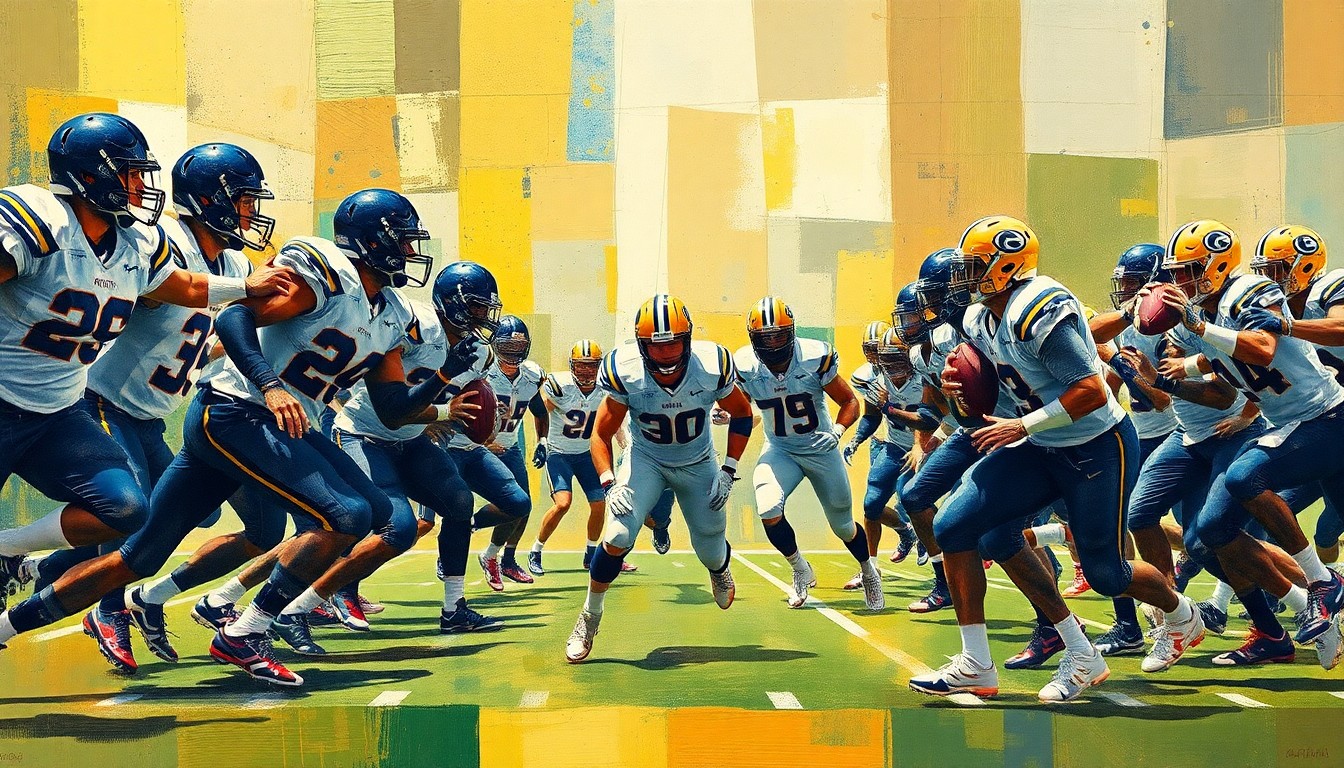 A fragmented, geometric painting depicting college football players in motion, with an emphasis on the defensive line and their movements during a practice session.