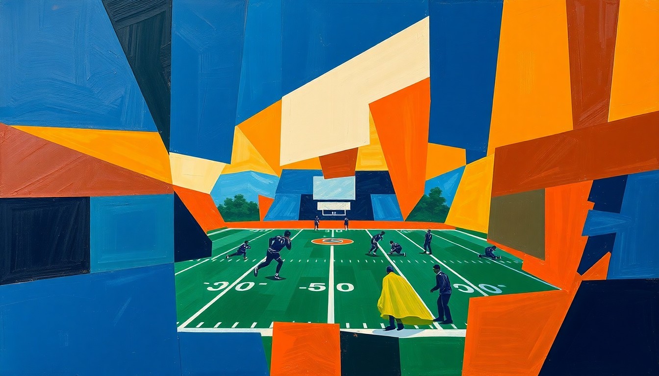 A fractured, geometric painting in navy, orange, and green, capturing the dynamic energy and multi-faceted perspectives of a college football practice or game.