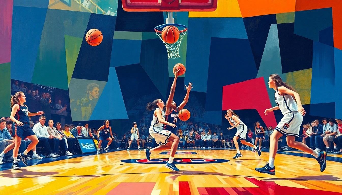 A cubist, geometric painting depicting the dynamic action of a women's basketball game, with the players and ball fragmented into overlapping shapes and planes of vibrant colors.