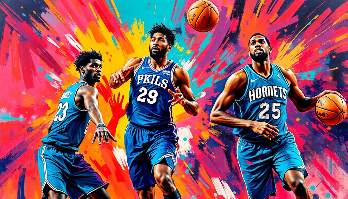 A vibrant, expressionist painting depicting the explosive energy and dynamic movements of basketball players on the court, with neon-colored brushstrokes and a sense of raw athleticism capturing the intensity of the game between the Philadelphia 76ers and Charlotte Hornets.