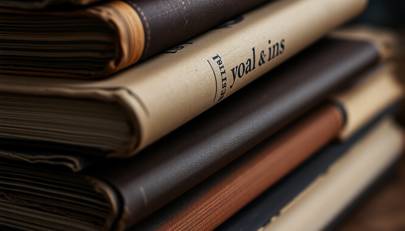 An extreme close-up photograph of a stack of old, worn books with a shallow depth of field, capturing the texture and materiality of the books in a serious, contemplative mood.