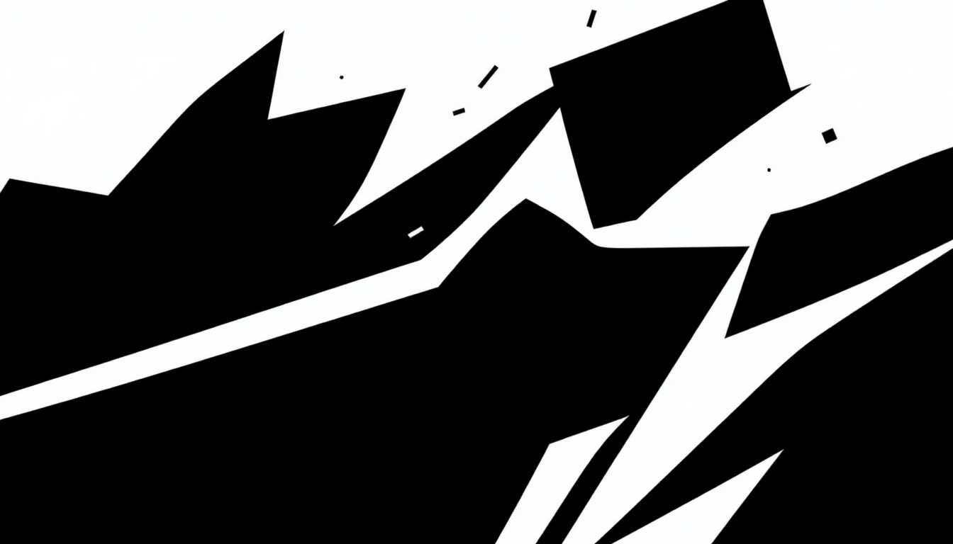 An abstract, minimalist illustration composed of bold, angular black shapes against a stark white background, capturing the dynamic spirit of a live music performance.