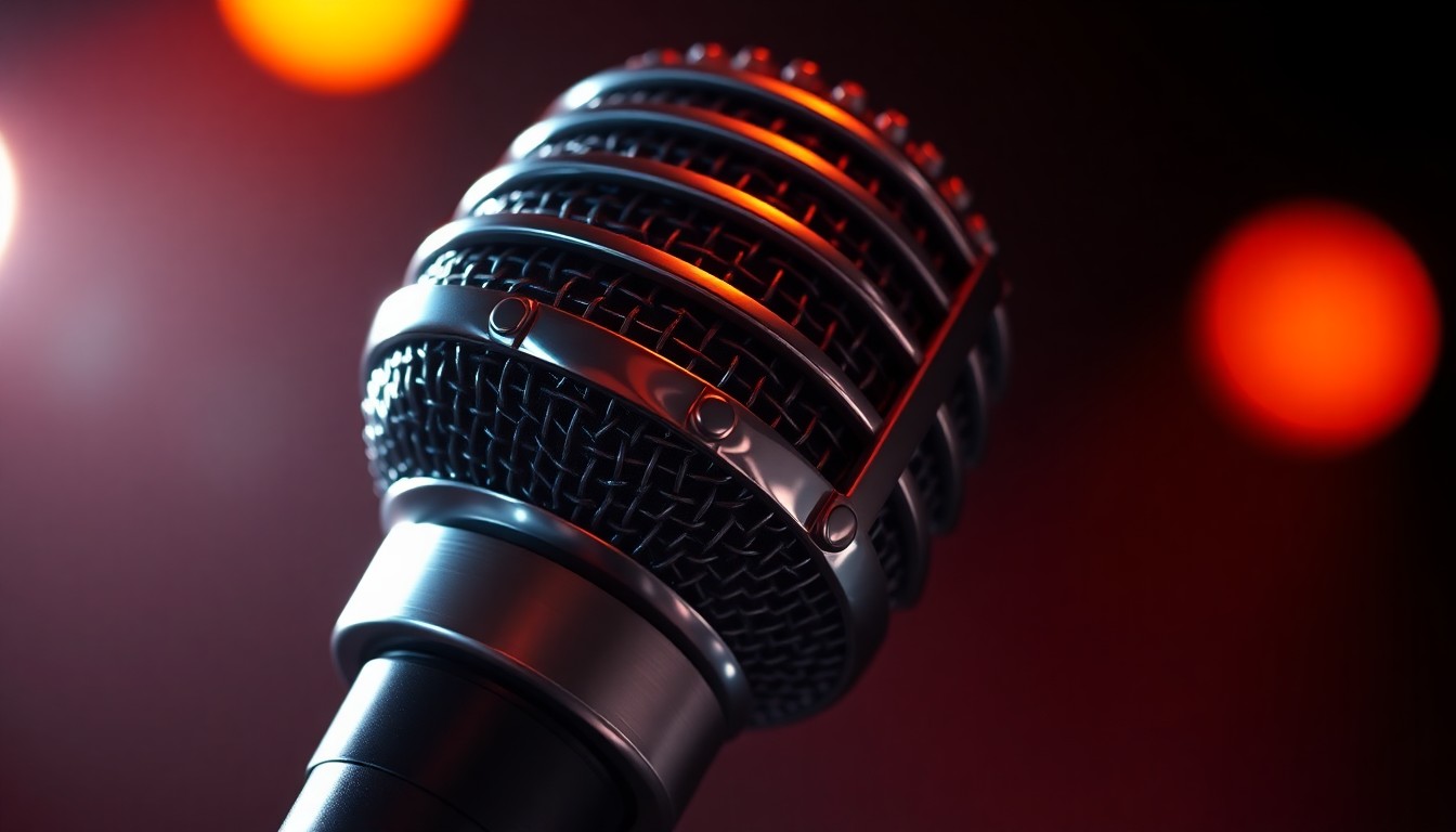 An extreme close-up photograph of a metallic microphone body and mesh grill, captured in dramatic studio lighting to create a glitzy, high-fashion aesthetic without any text or identifiable elements.