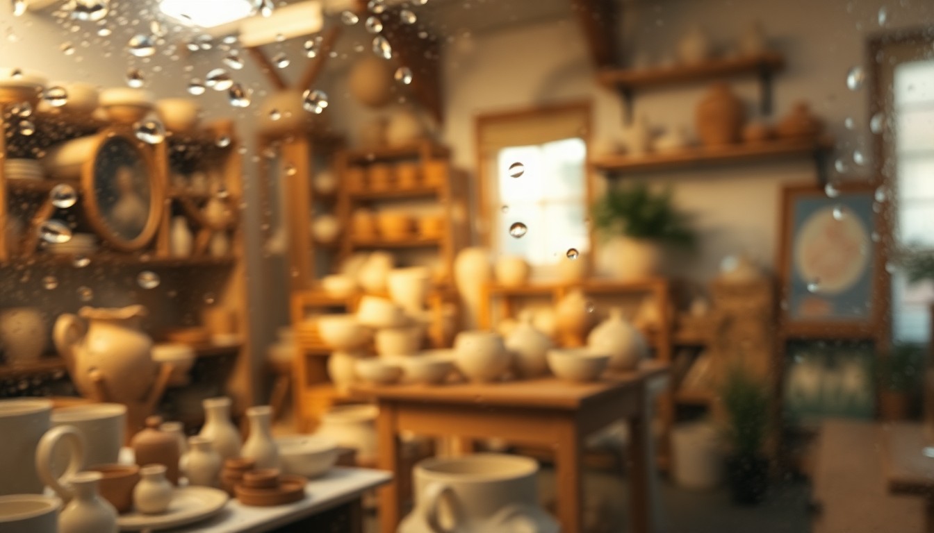 An abstract, impressionistic image of a ceramics studio, with blurred shapes and forms in warm, earthy tones, conveying a sense of artistic focus and creative energy.
