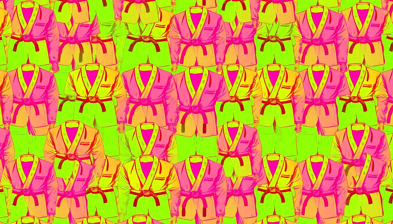 A highly stylized, abstract illustration composed of repeating neon-colored Jiu-Jitsu gis in a grid pattern, conceptually representing the martial arts classes offered at the local recreation center.